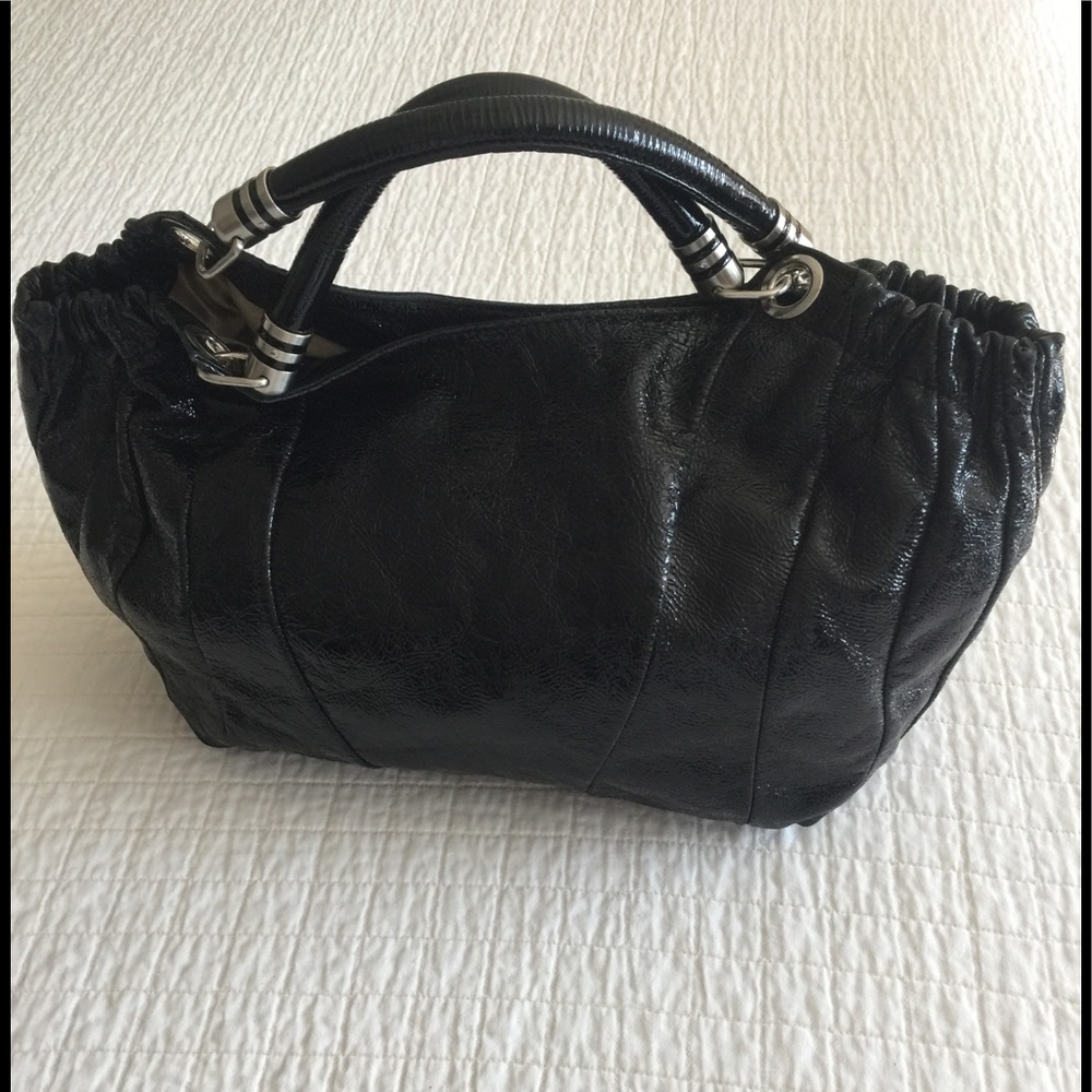 EUC Stuart Weitzman black hobo distressed patent leather satchel - Picture 1 of 14